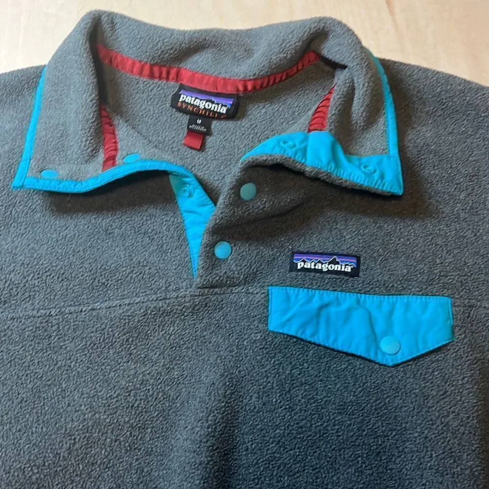 Y2K PATAGONIA synchlla Snap-T Fleece Jacket women's Sz M Gray and Teal cuffs and